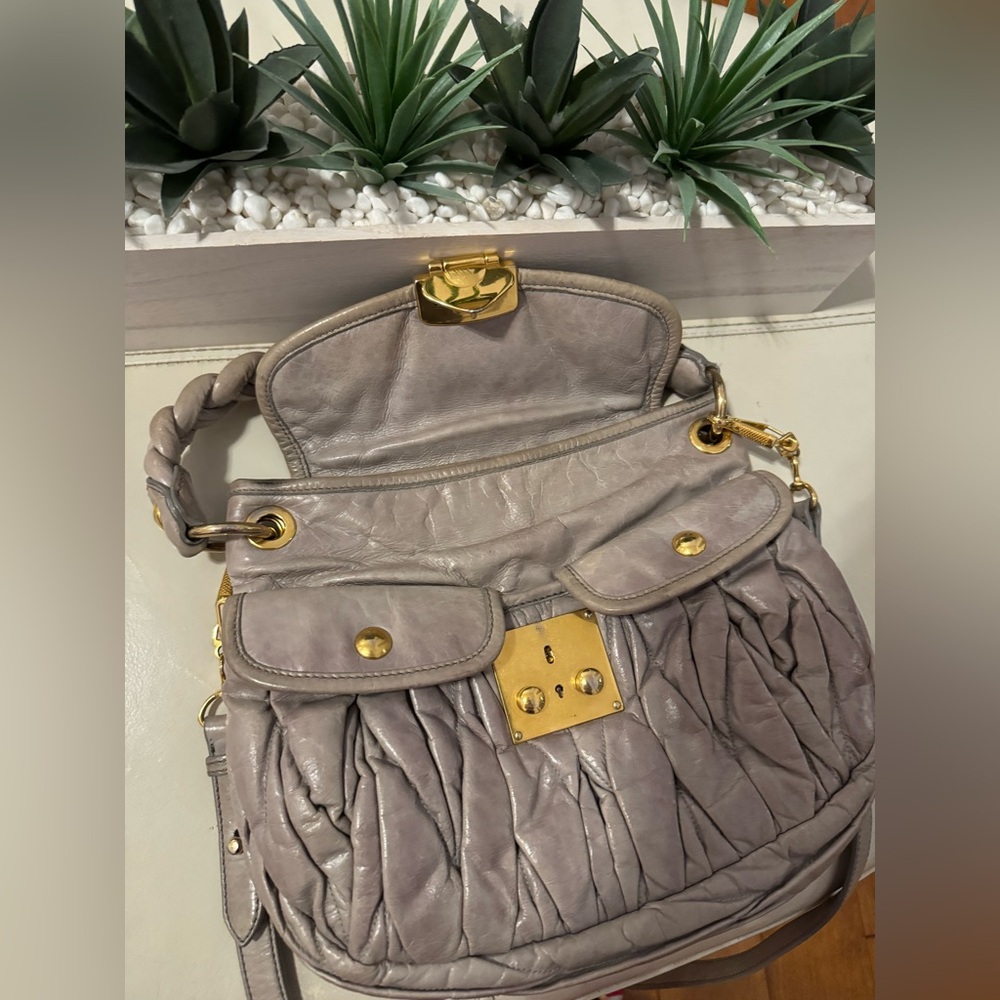 Miu Miu Gray Leather Handbag with Gold Accents - Picture 12 of 14